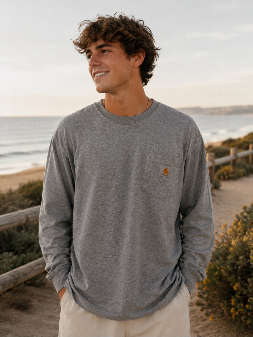Carhartt Long Sleeve Pocket Tee - Heather Gray with Small Tan Logo